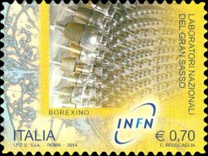 Picture of the italian stamp dedicated to the LNGS, featuring the Borexino detector